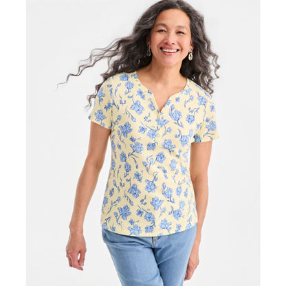 Style & Co Petite Short-Sleeve Henley Knit Poetic Floral T-Shirt, Macy's Exclusive