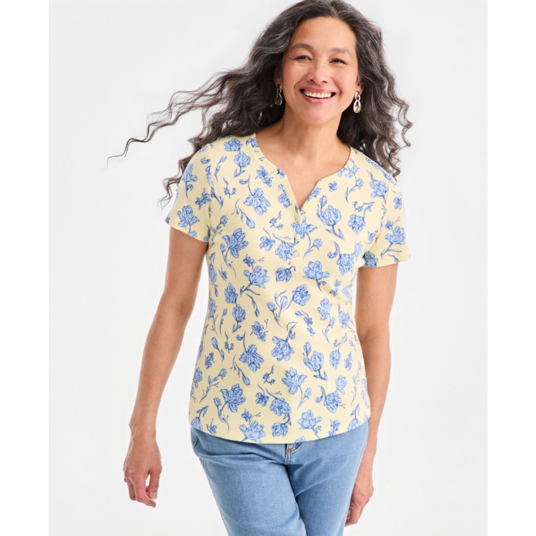 Style & Co Petite Short-Sleeve Henley Knit Poetic Floral T-Shirt, Macy's Exclusive