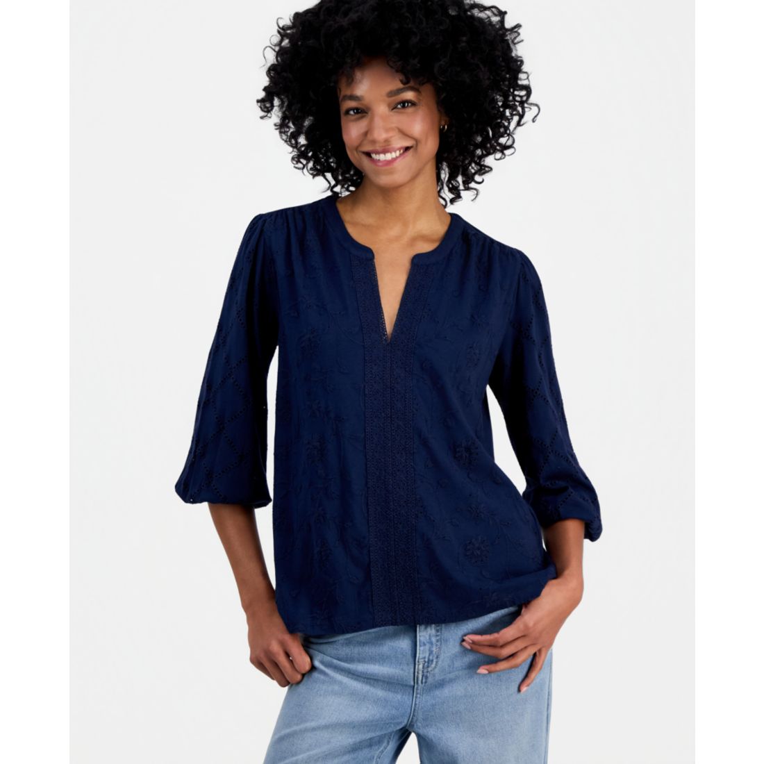 Style & Co Women's Split-Neck Eyelet-Embroidered Top, Exclusively at Macy's