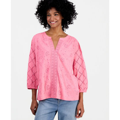 Style & Co Women's Split-Neck Eyelet-Embroidered Top, Exclusively at Macy's