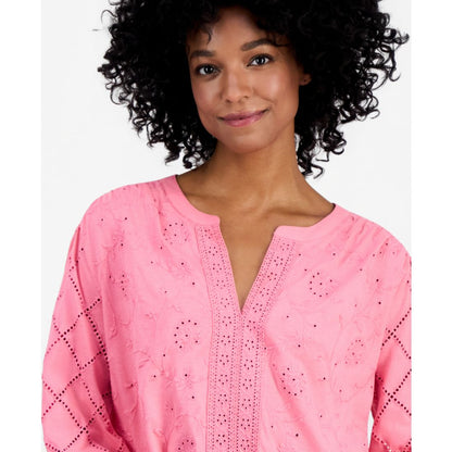 Style & Co Women's Split-Neck Eyelet-Embroidered Top, Exclusively at Macy's