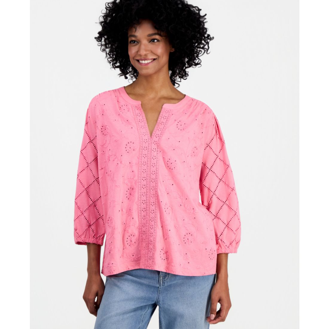 Style & Co Women's Split-Neck Eyelet-Embroidered Top, Exclusively at Macy's