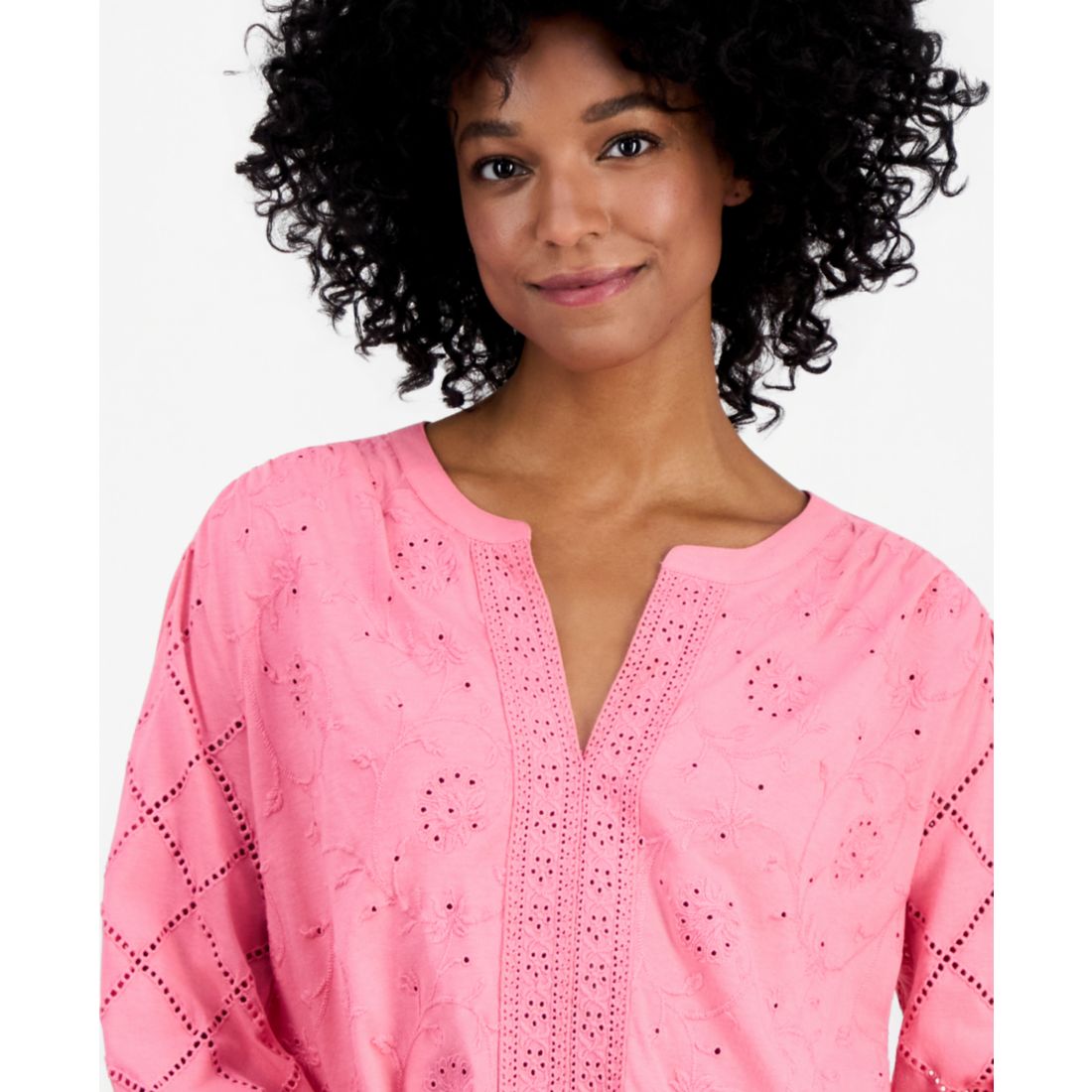 Style & Co Women's Split-Neck Eyelet-Embroidered Top, Exclusively at Macy's