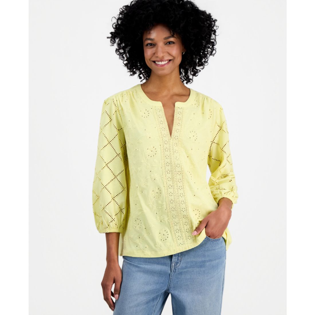 Style & Co Women's Split-Neck Eyelet-Embroidered Top, Exclusively at Macy's