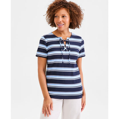 Style & Co Women's Striped Lace-Up Short-Sleeve Top, Macy's Exclusive