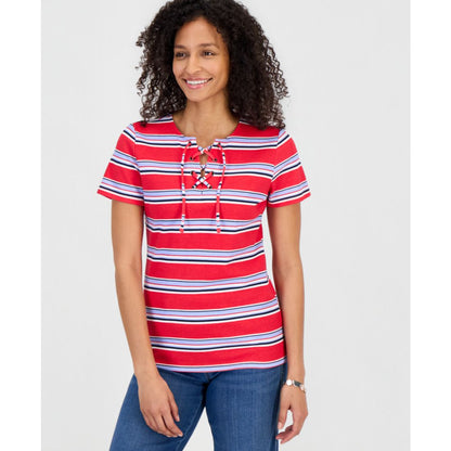 Style & Co Women's Striped Lace-Up Short-Sleeve Top, Macy's Exclusive