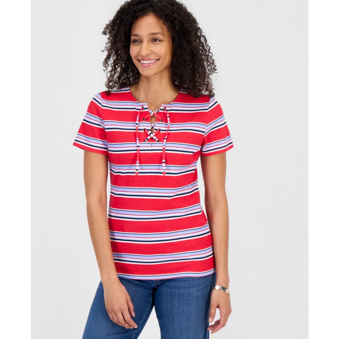Style & Co Women's Striped Lace-Up Short-Sleeve Top, Macy's Exclusive