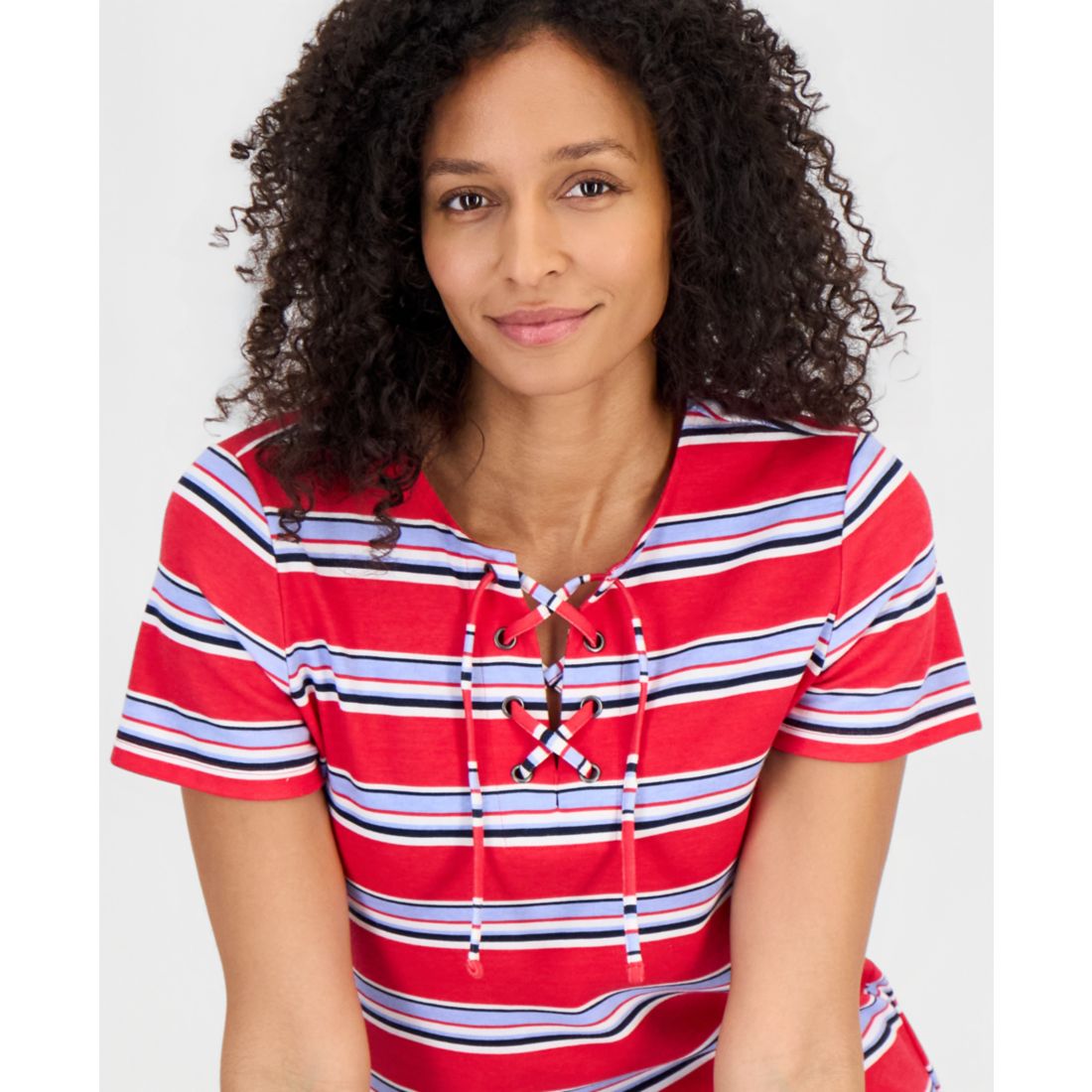 Style & Co Women's Striped Lace-Up Short-Sleeve Top, Macy's Exclusive