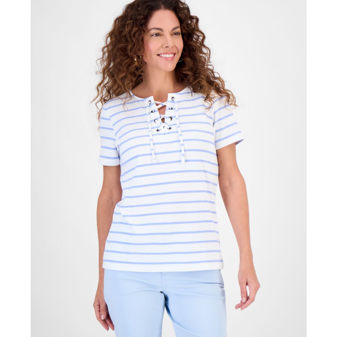 Style & Co Women's Striped Lace-Up Short-Sleeve Top, Macy's Exclusive