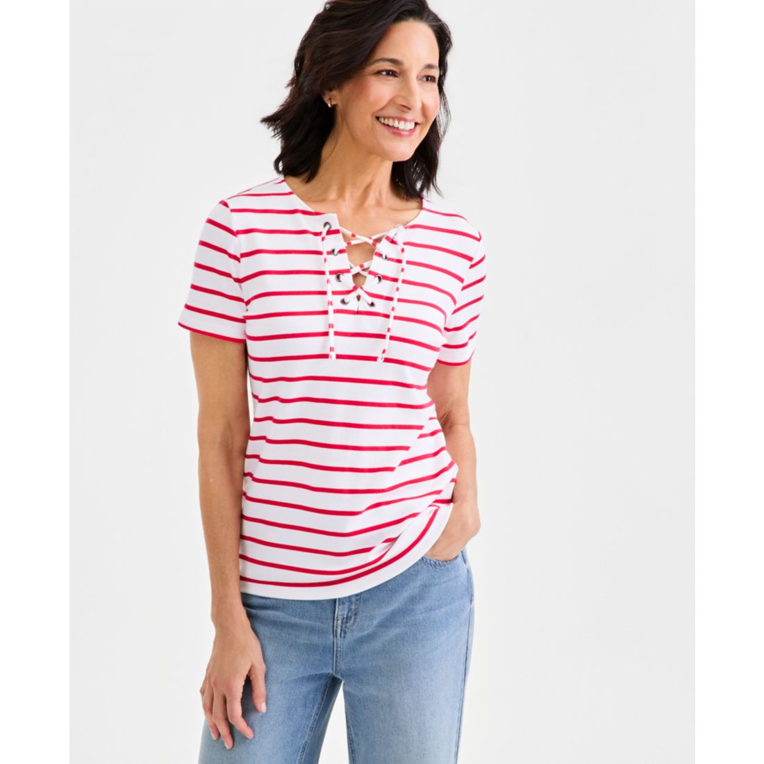 Style & Co Women's Striped Lace-Up Short-Sleeve Top, Macy's Exclusive