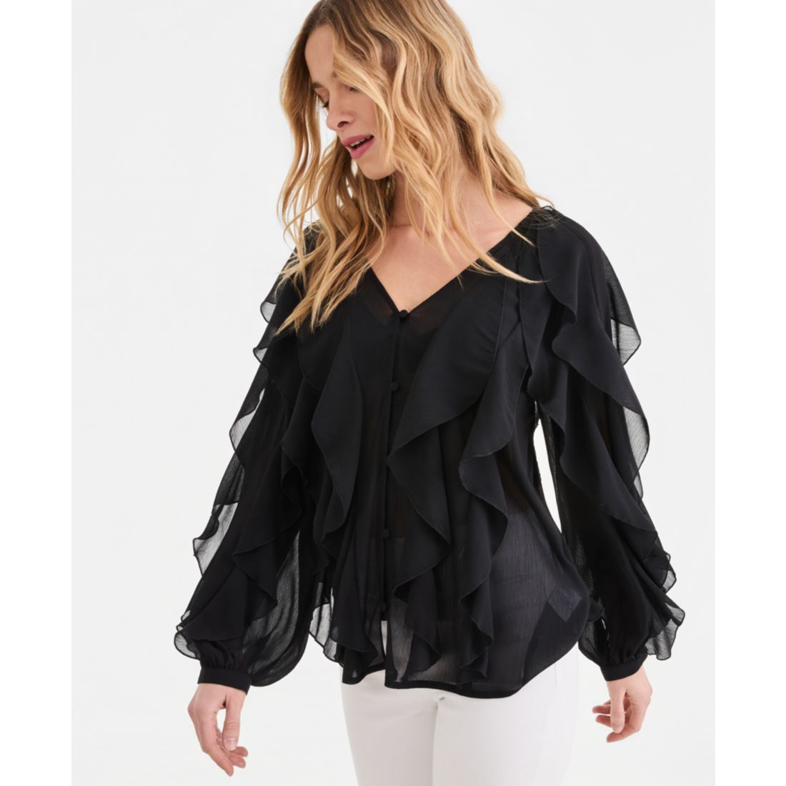 I.n.c. International Concepts Women's Long-Sleeve Ruffled Blouse, Macy's Exclusive