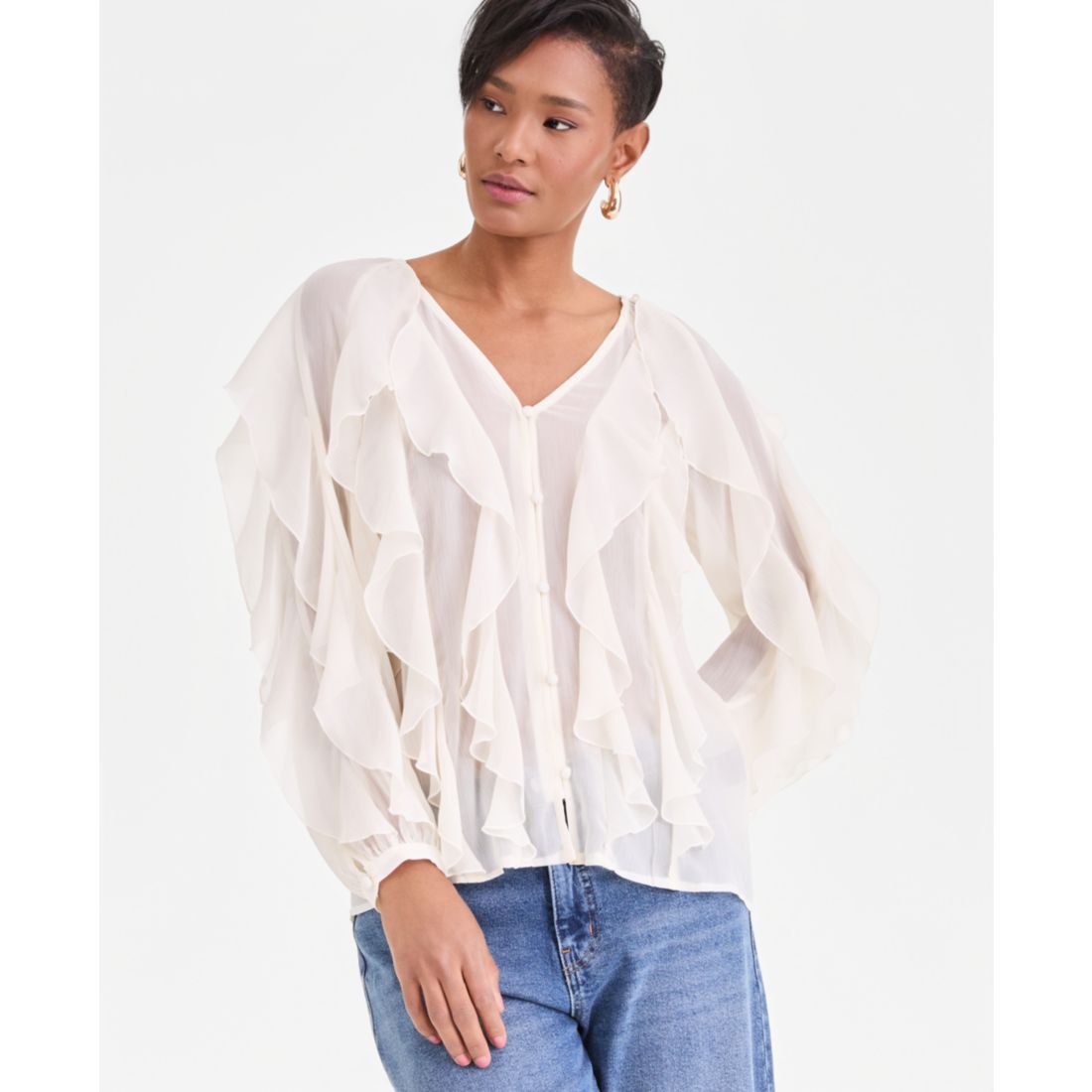 I.n.c. International Concepts Women's Long-Sleeve Ruffled Blouse, Macy's Exclusive