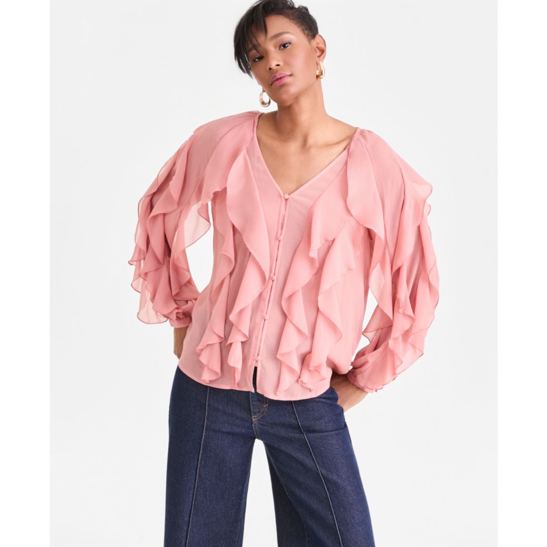I.n.c. International Concepts Women's Long-Sleeve Ruffled Blouse, Macy's Exclusive