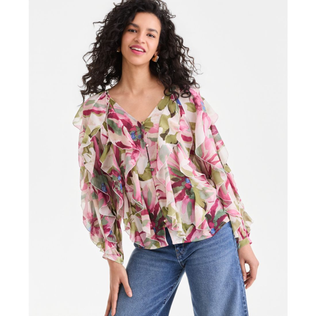 I.n.c. International Concepts Women's Long-Sleeve Ruffled Blouse, Macy's Exclusive
