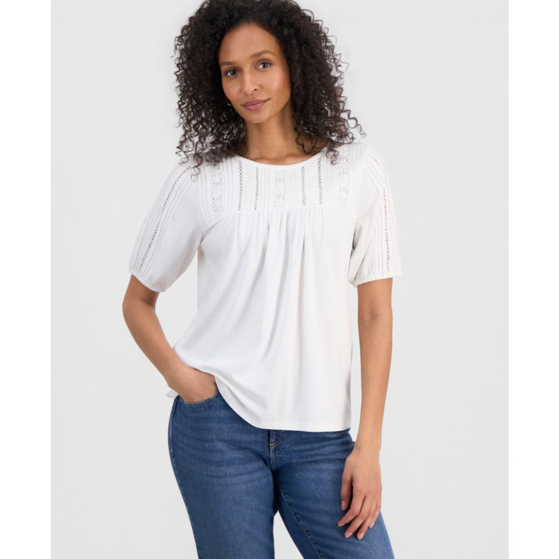 Style & Co Petite Solid Applique Cotton Short-Sleeve Blouse, Exclusively at Macy's