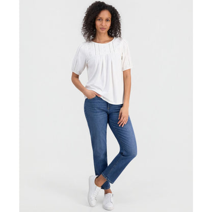 Style & Co Petite Solid Applique Cotton Short-Sleeve Blouse, Exclusively at Macy's
