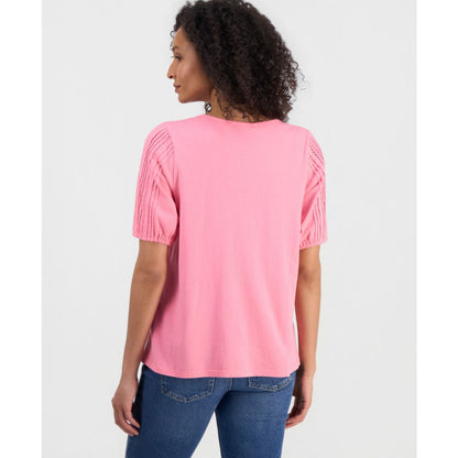 Style & Co Petite Solid Applique Cotton Short-Sleeve Blouse, Exclusively at Macy's