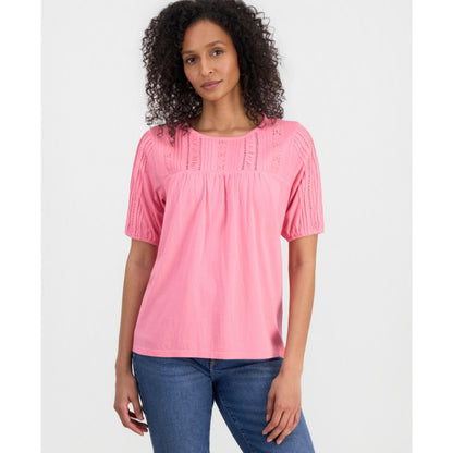 Style & Co Petite Solid Applique Cotton Short-Sleeve Blouse, Exclusively at Macy's