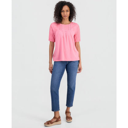 Style & Co Petite Solid Applique Cotton Short-Sleeve Blouse, Exclusively at Macy's