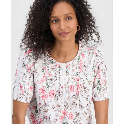 Style & Co Petite Solid Applique Cotton Short-Sleeve Blouse, Exclusively at Macy's