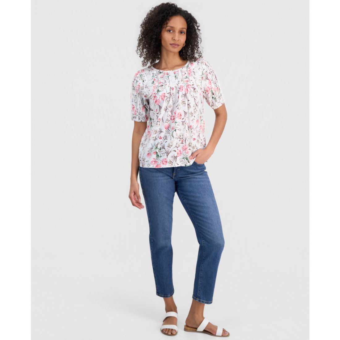 Style & Co Petite Solid Applique Cotton Short-Sleeve Blouse, Exclusively at Macy's