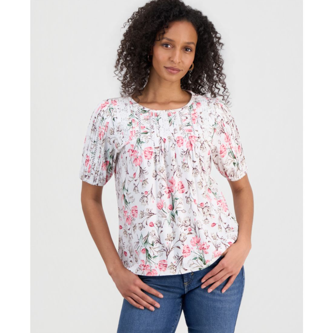 Style & Co Petite Solid Applique Cotton Short-Sleeve Blouse, Exclusively at Macy's