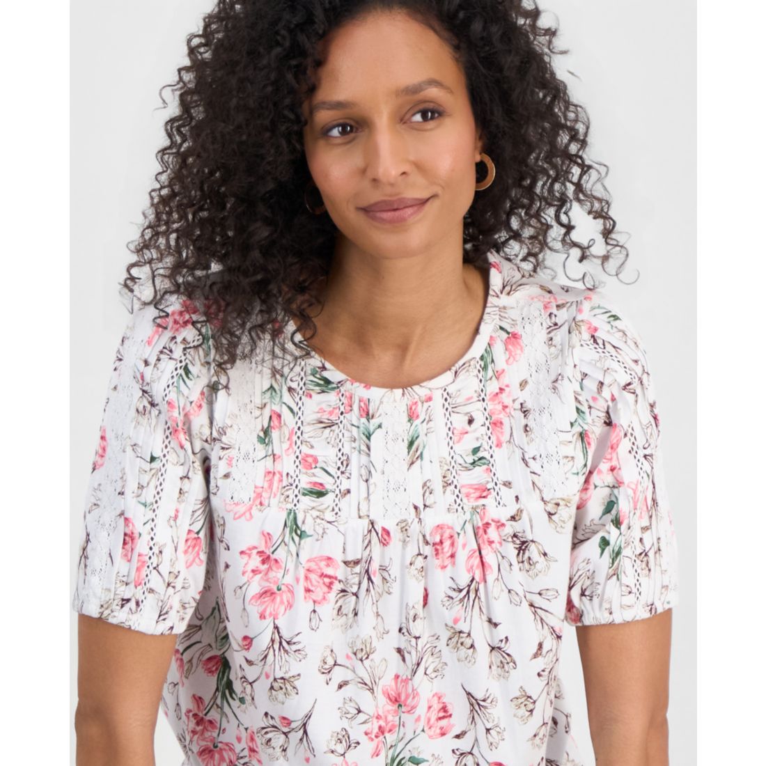Style & Co Petite Solid Applique Cotton Short-Sleeve Blouse, Exclusively at Macy's