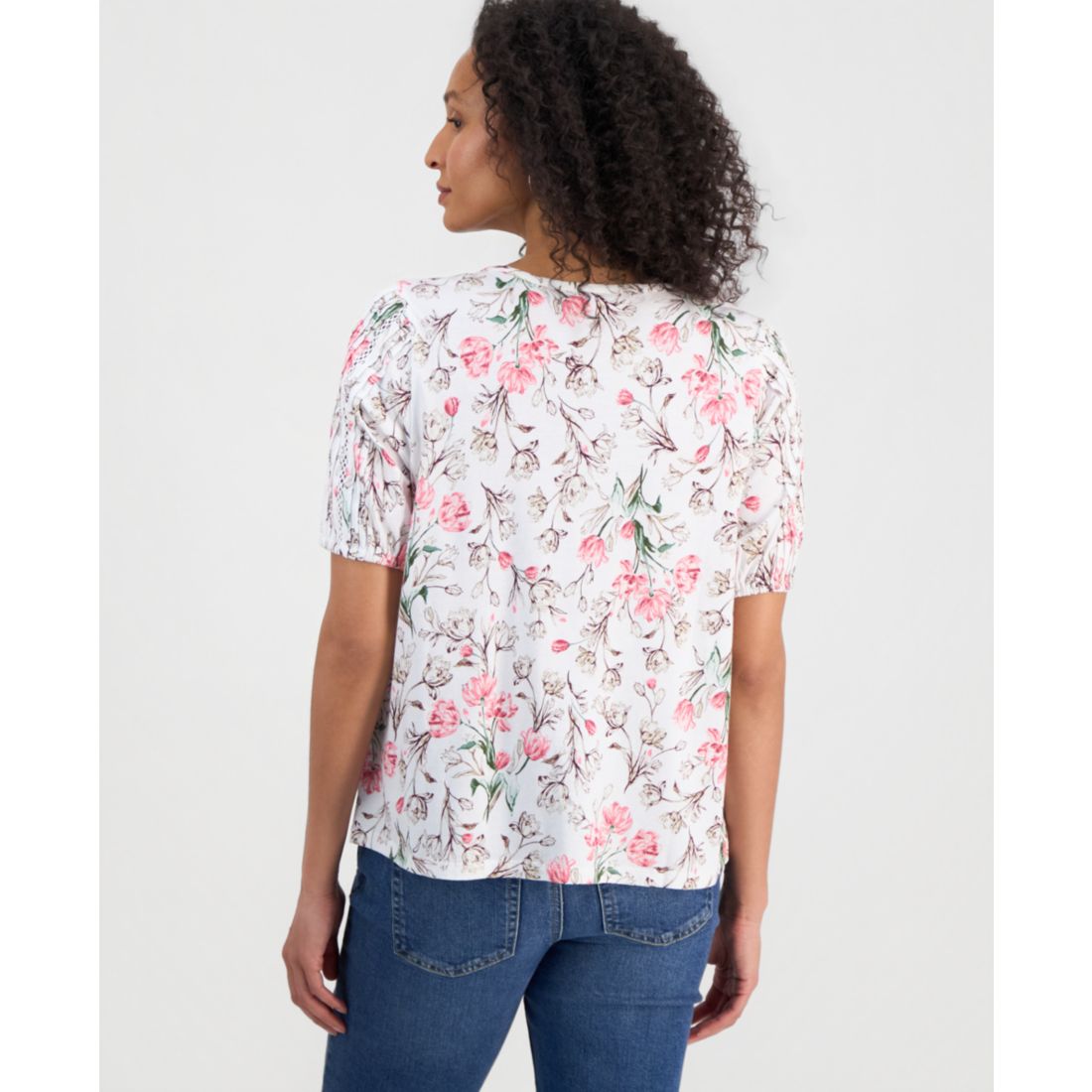 Style & Co Petite Solid Applique Cotton Short-Sleeve Blouse, Exclusively at Macy's
