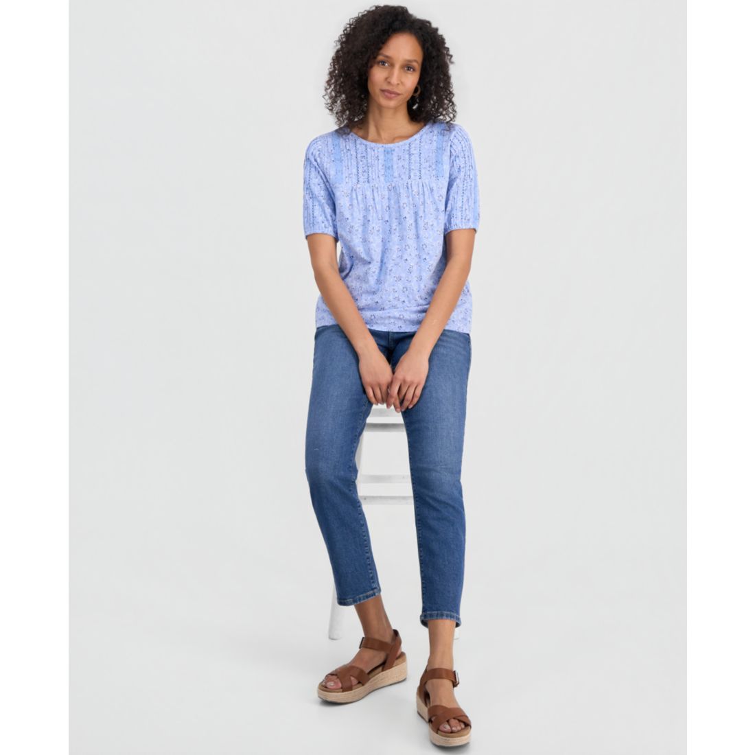 Style & Co Petite Solid Applique Cotton Short-Sleeve Blouse, Exclusively at Macy's