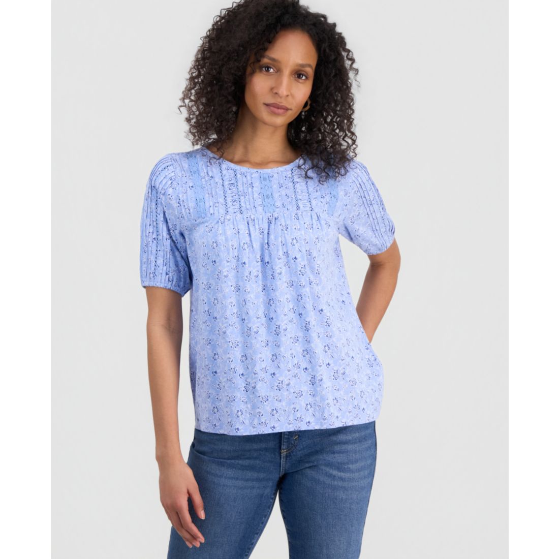 Style & Co Petite Solid Applique Cotton Short-Sleeve Blouse, Exclusively at Macy's