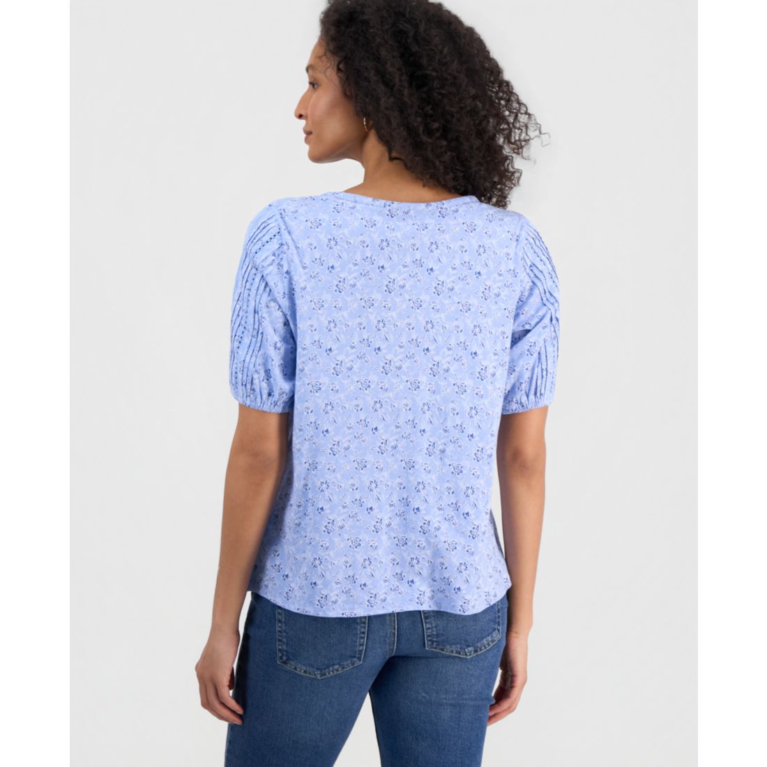 Style & Co Petite Solid Applique Cotton Short-Sleeve Blouse, Exclusively at Macy's