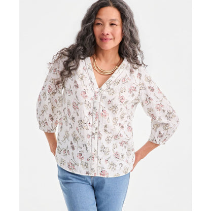 Style & Co Women's Cotton Gauze Printed V-neck Blouse, Macy's Exclusive