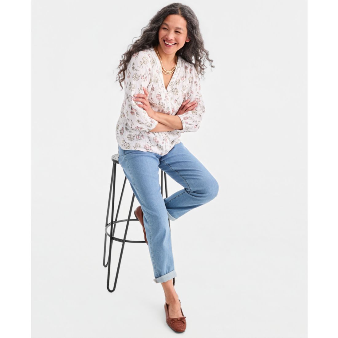 Style & Co Women's Cotton Gauze Printed V-neck Blouse, Macy's Exclusive