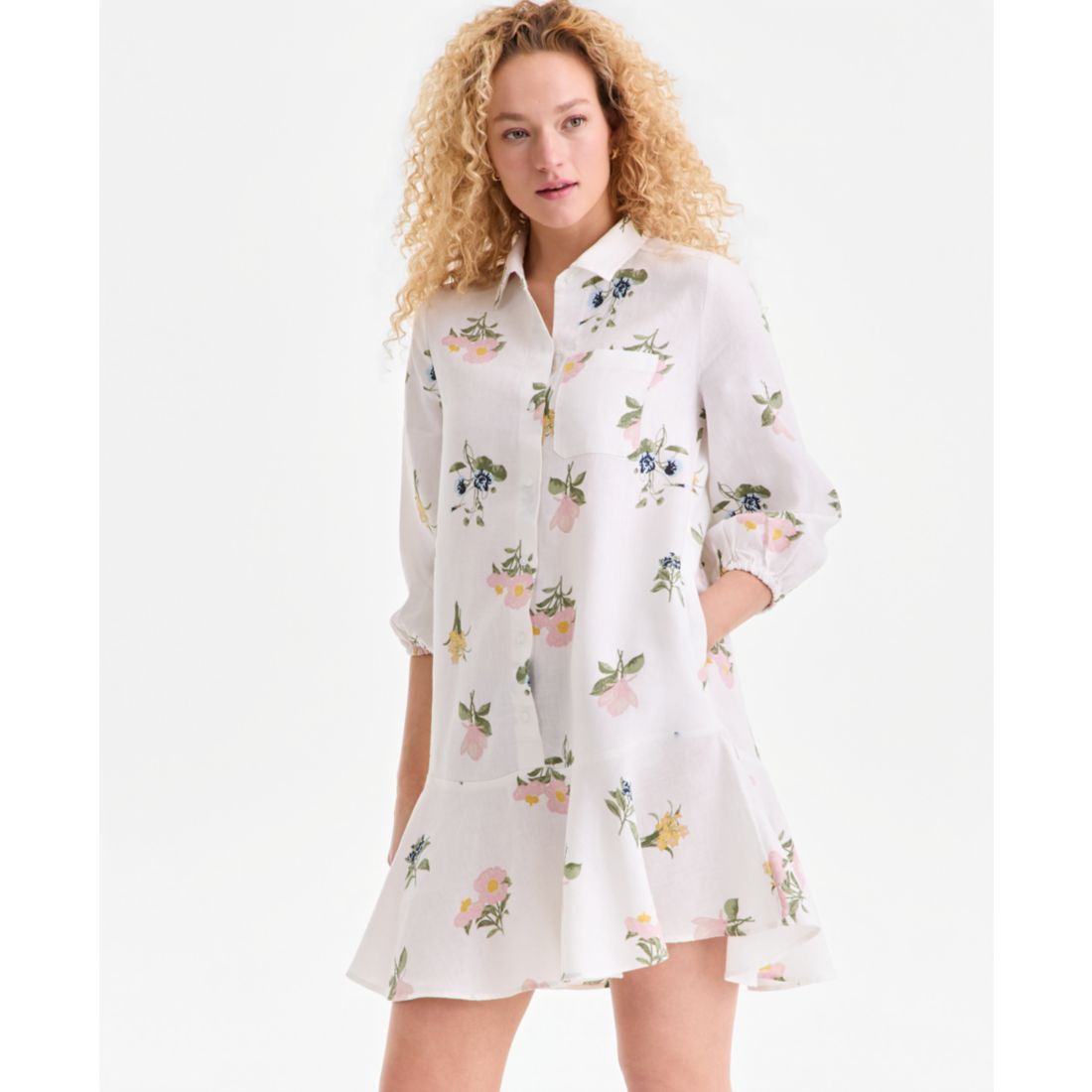 Charter Club Women's 100% Linen Print Button-Front 3/4-Sleeve Dress, Macy's Exclusive
