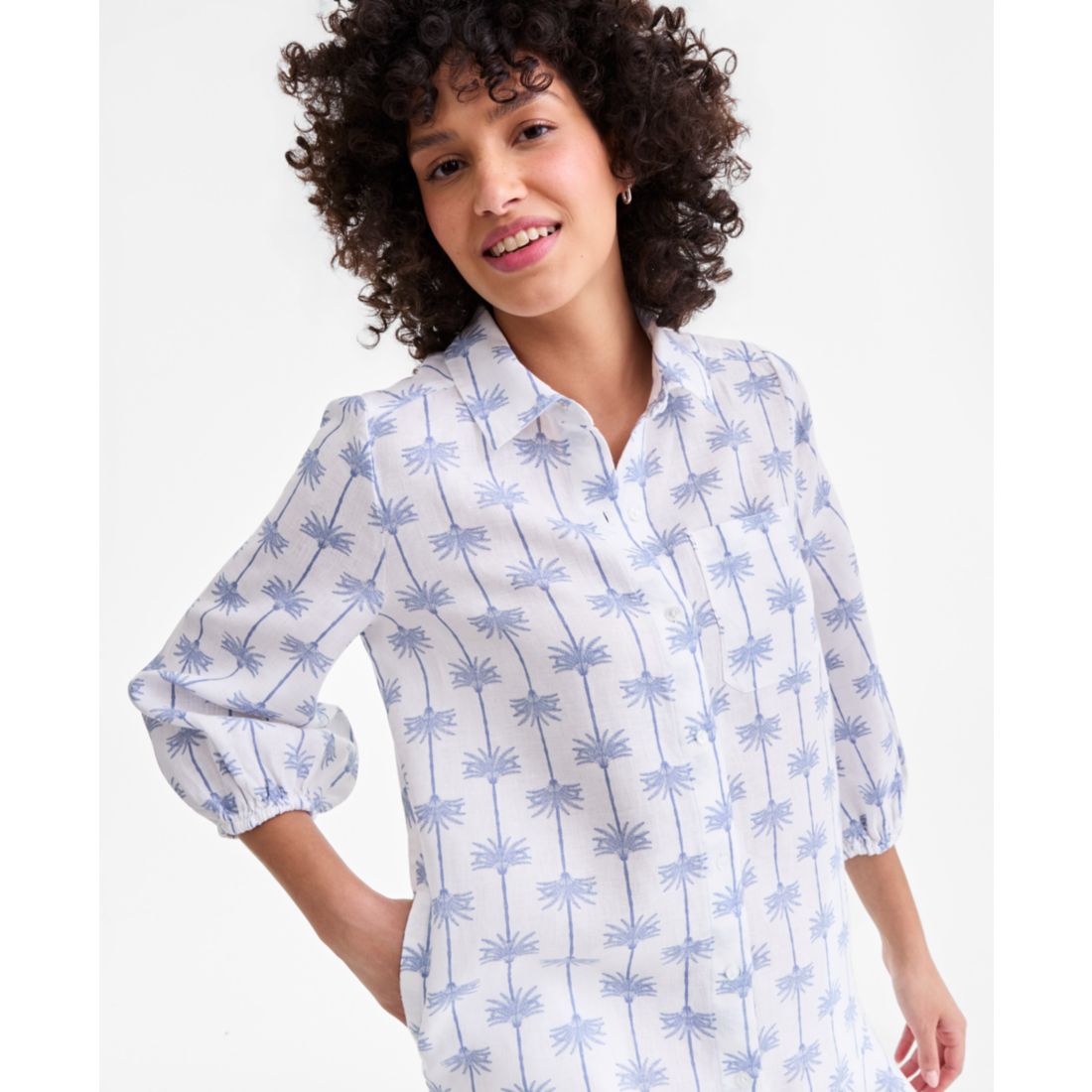 Charter Club Women's 100% Linen Print Button-Front 3/4-Sleeve Dress, Macy's Exclusive