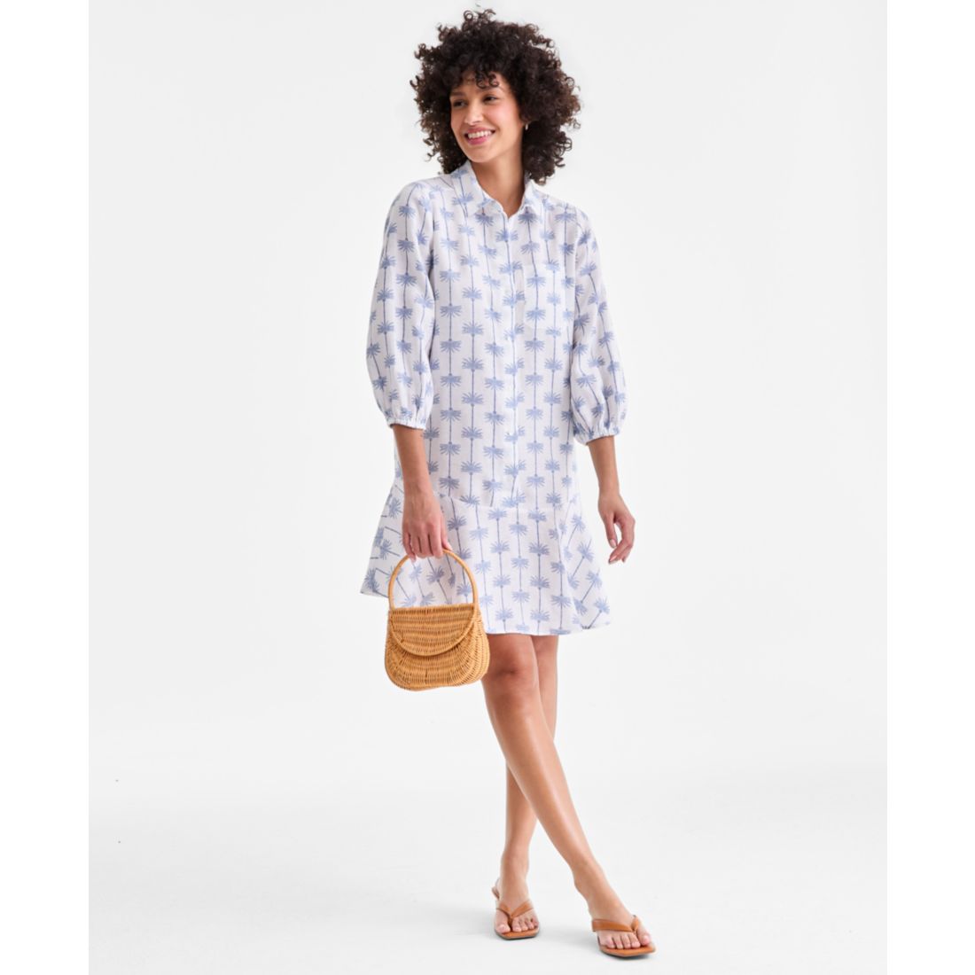 Charter Club Women's 100% Linen Print Button-Front 3/4-Sleeve Dress, Macy's Exclusive
