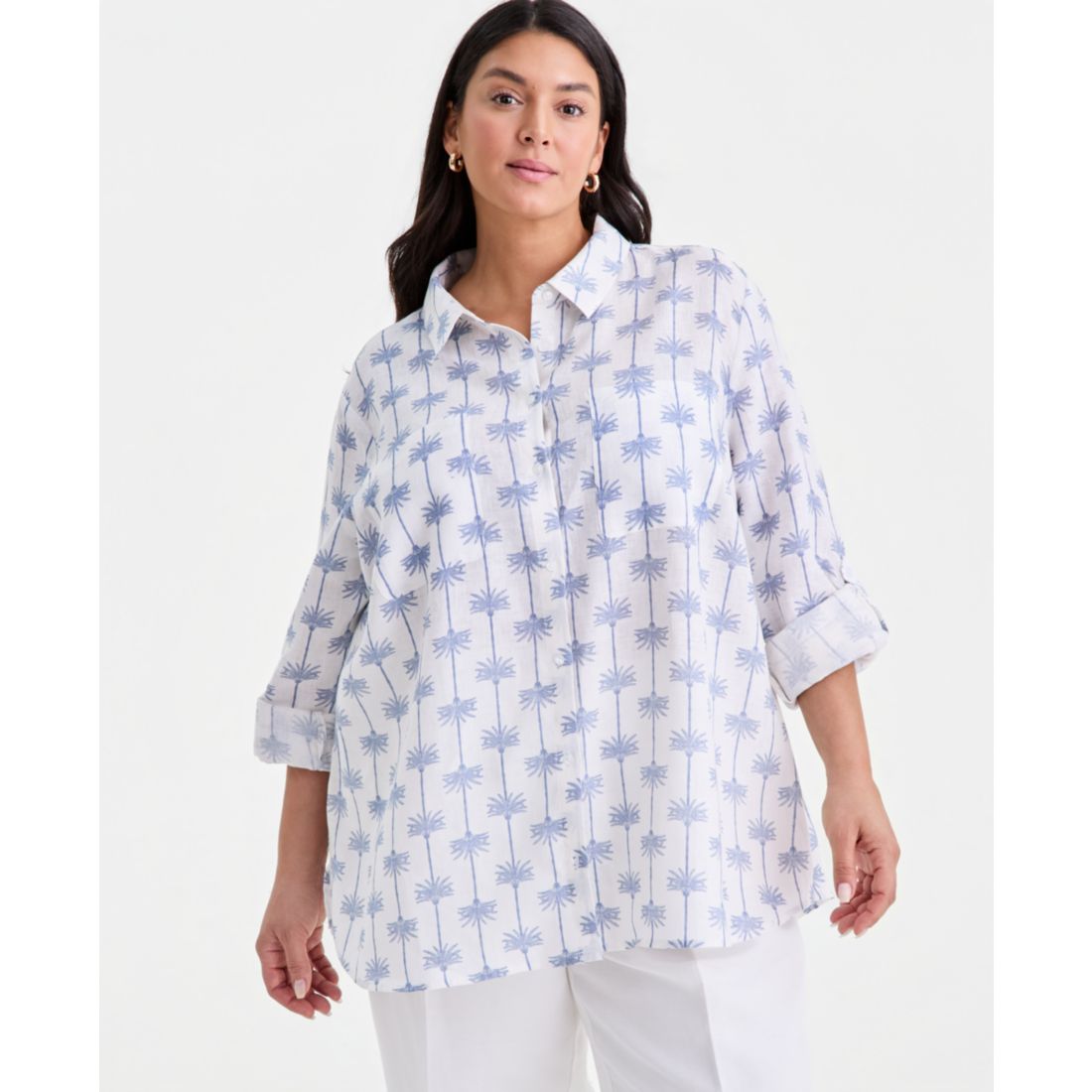 Charter Club Plus Size King Street Palm Roll-Tab Shirt, Macy's Exclusive