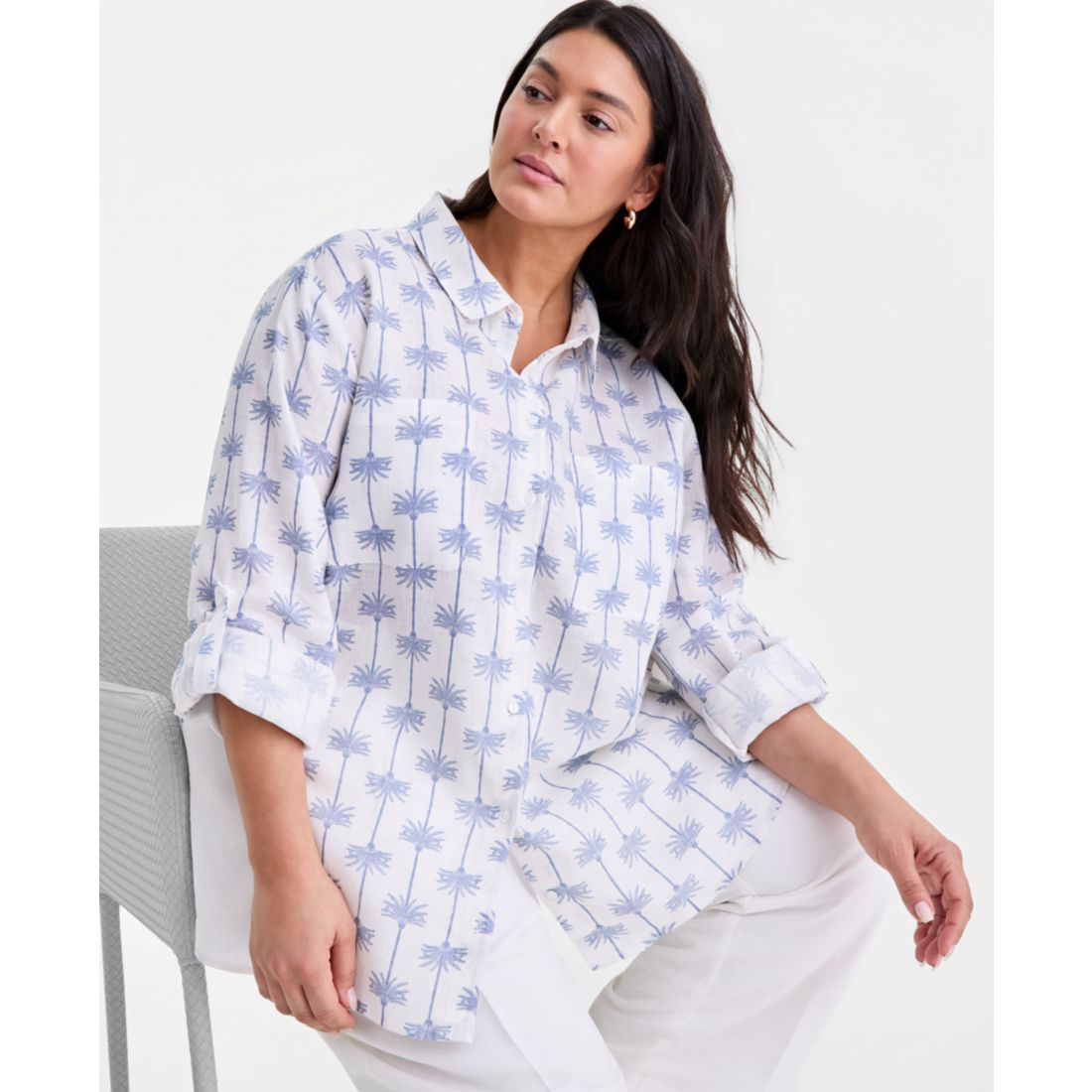 Charter Club Plus Size King Street Palm Roll-Tab Shirt, Macy's Exclusive