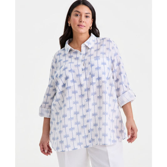 Charter Club Plus Size King Street Palm Roll-Tab Shirt, Macy's Exclusive