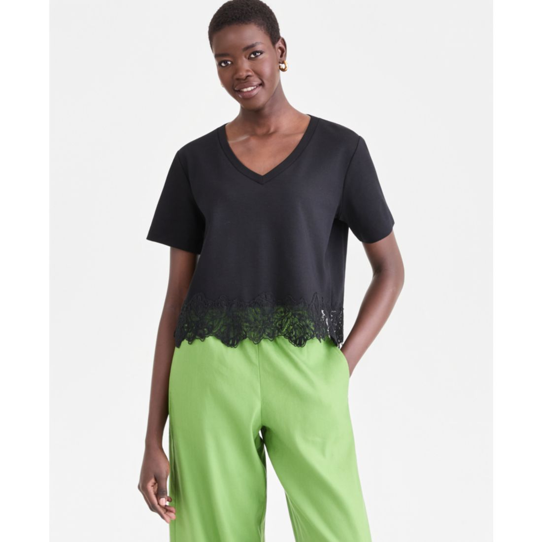 I.n.c. International Concepts Women's Lace-Trim Short Sleeve T-Shirt, Macy's Exclusive