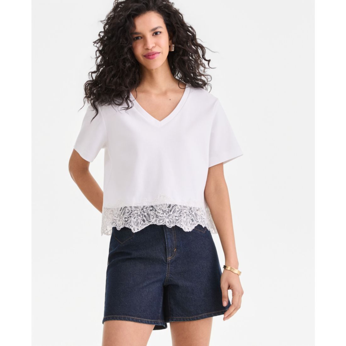 I.n.c. International Concepts Women's Lace-Trim Short Sleeve T-Shirt, Macy's Exclusive