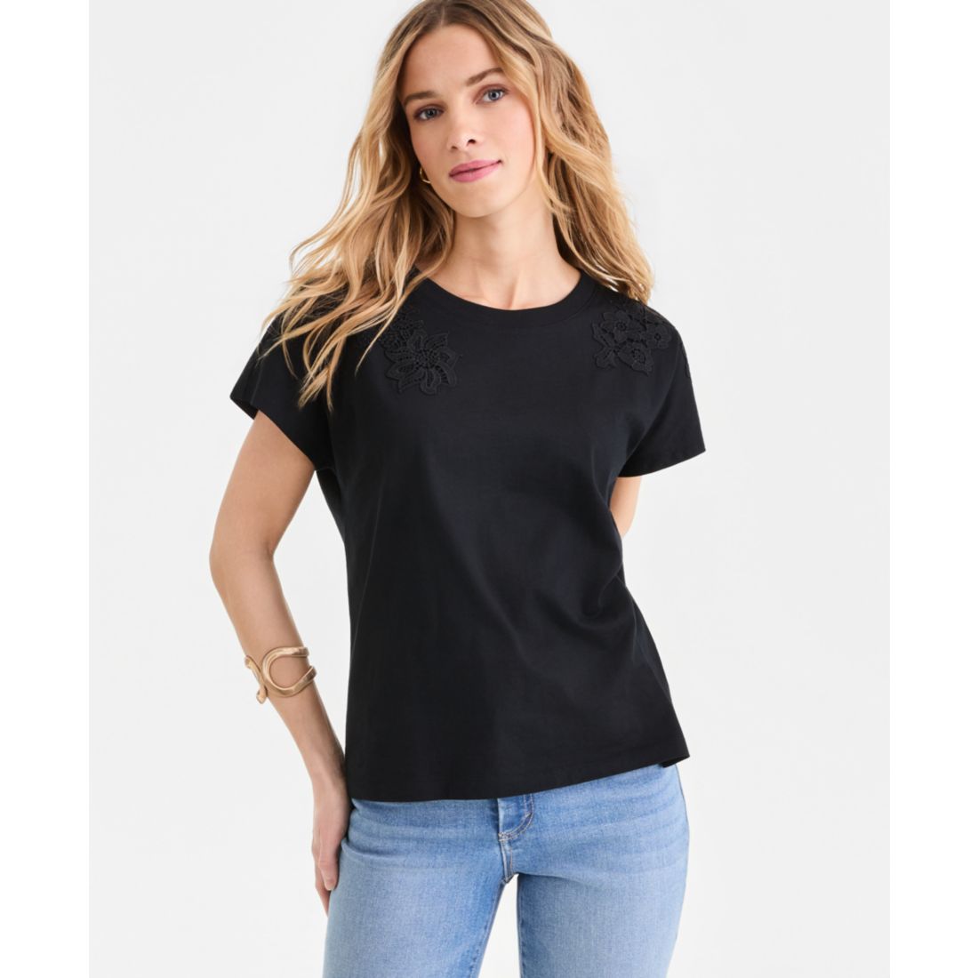 I.n.c. International Concepts Women's Lace-Trim Cotton T-Shirt, Macy's Exclusive