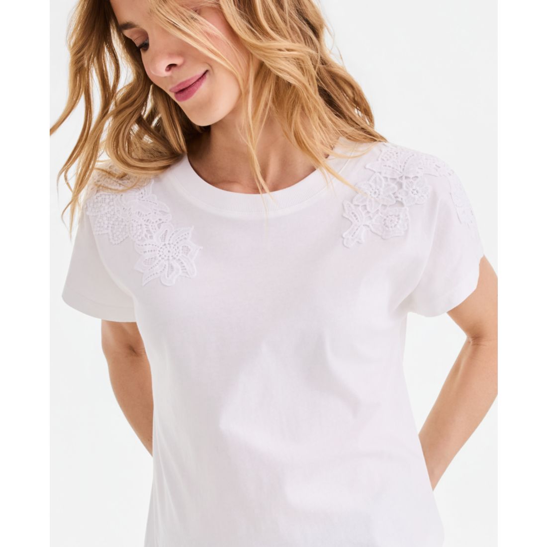 I.n.c. International Concepts Women's Lace-Trim Cotton T-Shirt, Macy's Exclusive
