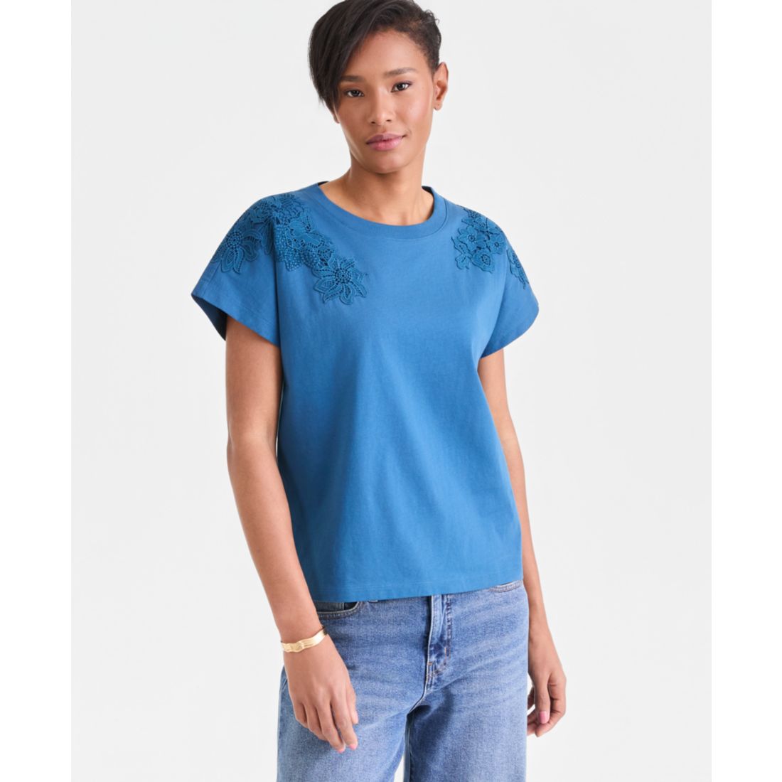I.n.c. International Concepts Women's Lace-Trim Cotton T-Shirt, Macy's Exclusive