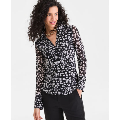 I.n.c. International Concepts Women's Long-Sleeve Printed Mesh Collared Top, Macy's Exclusive