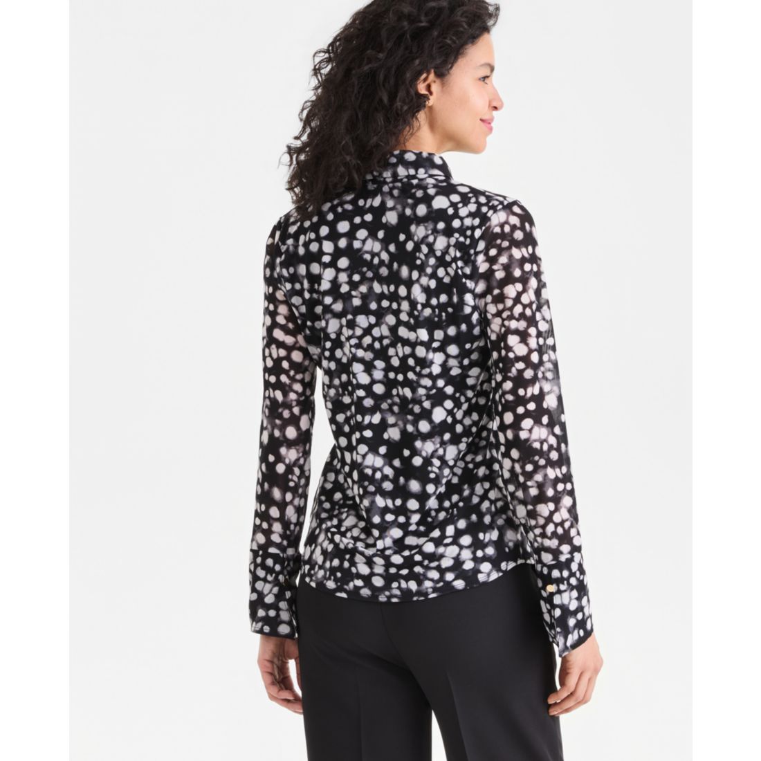 I.n.c. International Concepts Women's Long-Sleeve Printed Mesh Collared Top, Macy's Exclusive