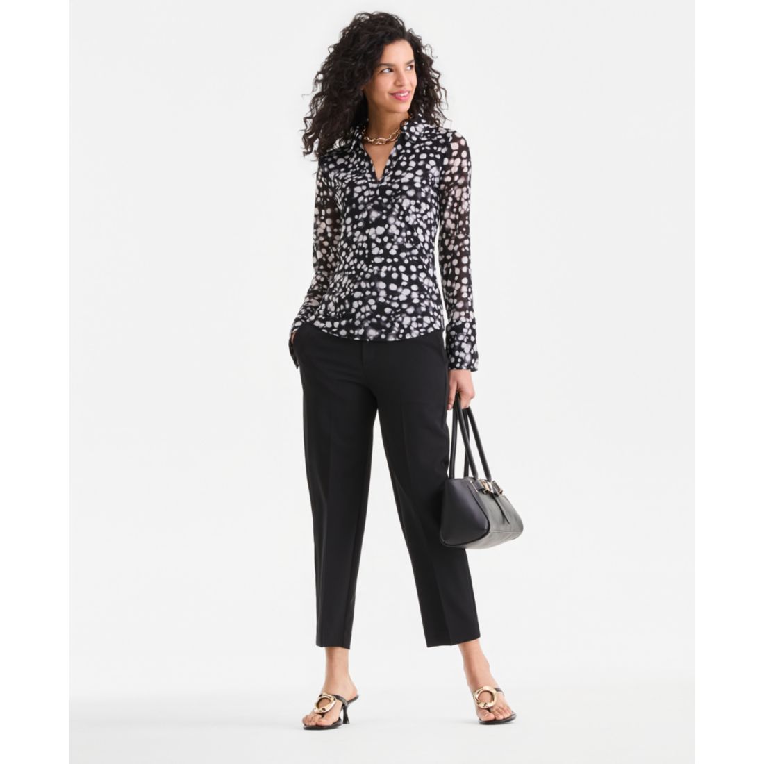 I.n.c. International Concepts Women's Long-Sleeve Printed Mesh Collared Top, Macy's Exclusive