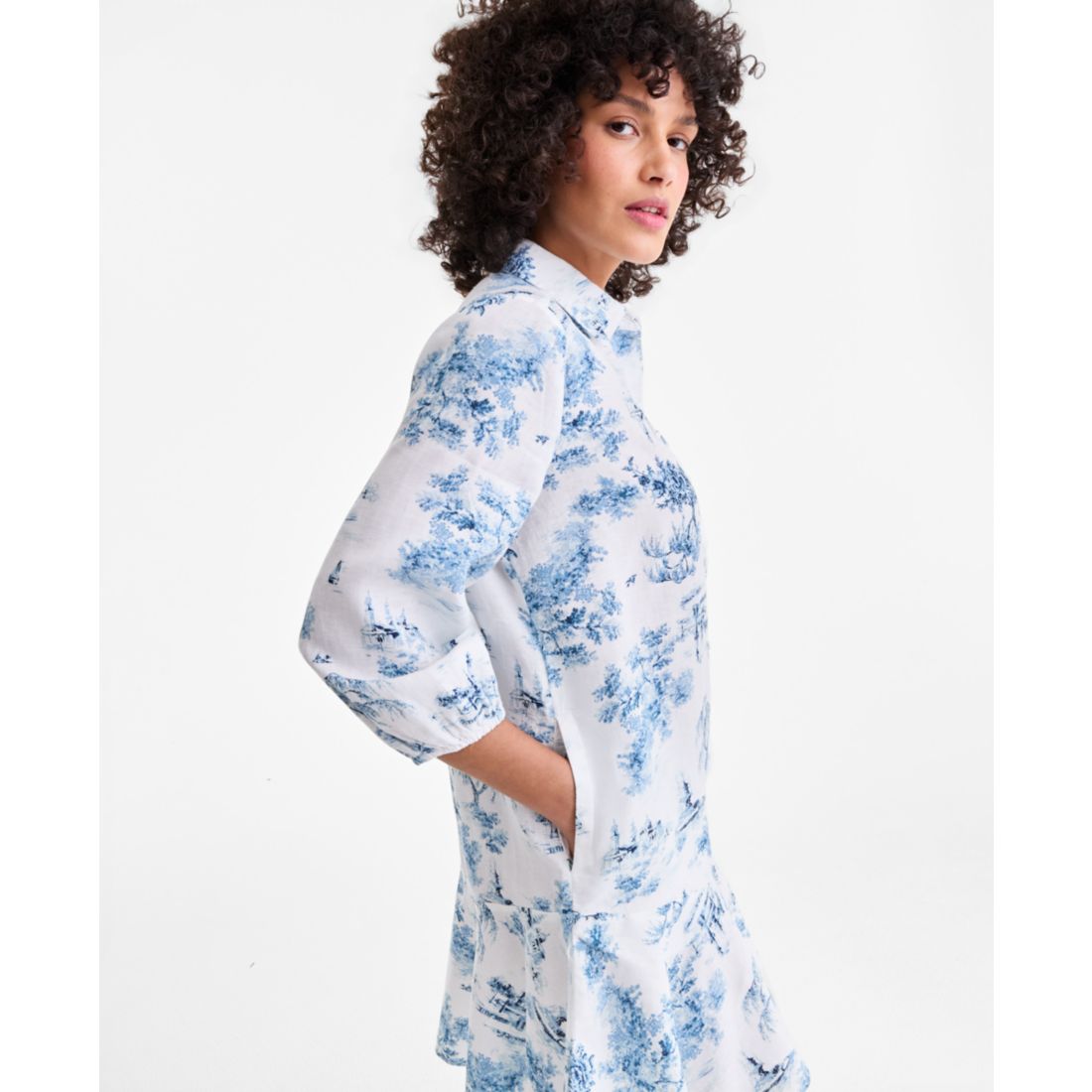 Charter Club Women's 100% Linen Print Button-Front 3/4-Sleeve Dress, Macy's Exclusive