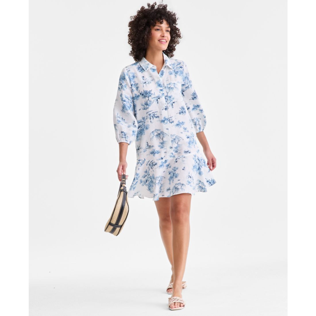 Charter Club Women's 100% Linen Print Button-Front 3/4-Sleeve Dress, Macy's Exclusive