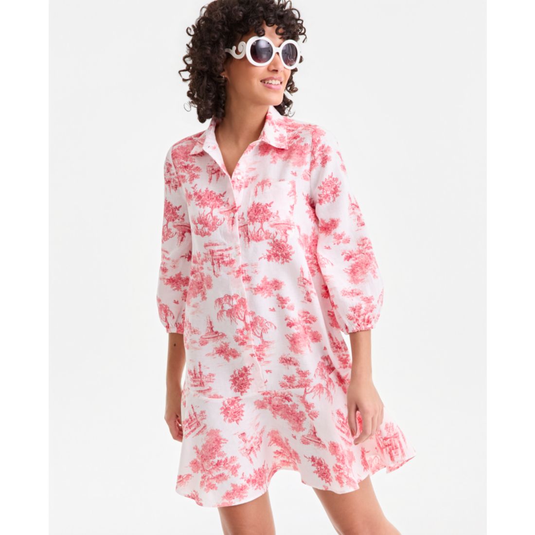 Charter Club Women's 100% Linen Print Button-Front 3/4-Sleeve Dress, Macy's Exclusive